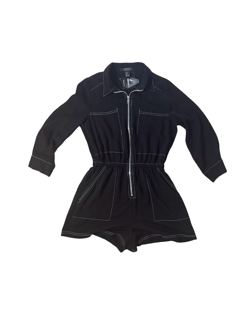 Brand New Black Contrast-Stitch Romper with Front Zip - SZ S
